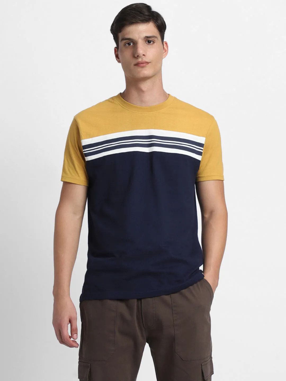Men's Mustard Y/D Stripes Half-Sleeves Casual T-Shirt