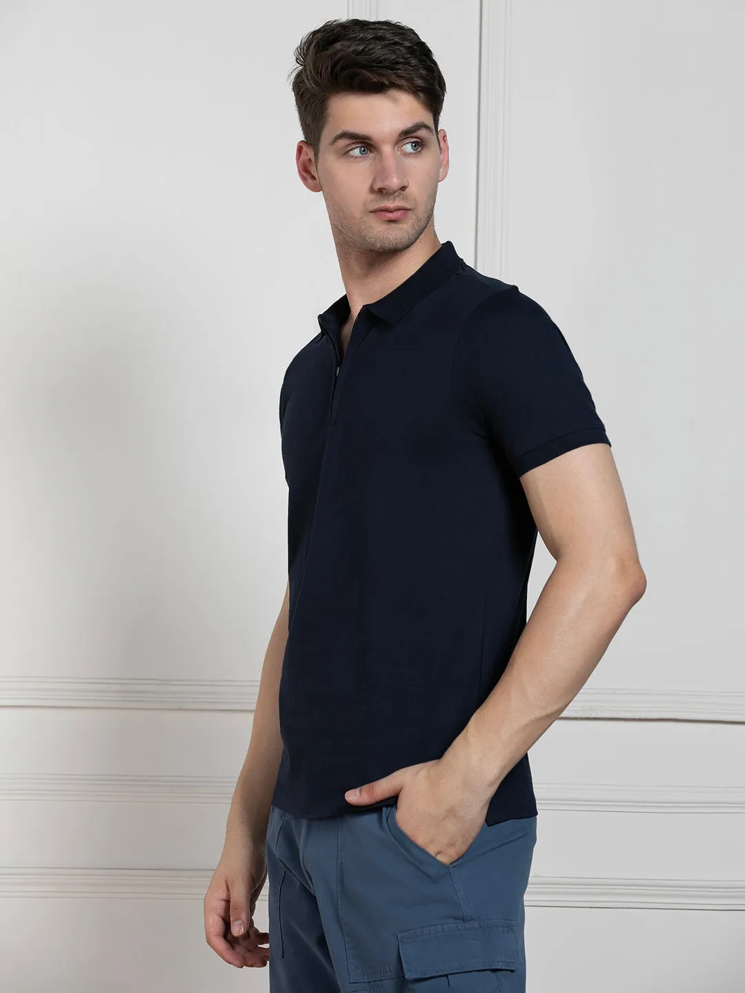 Men's Navy Polo Collar Solid Regular Fit T-Shirt