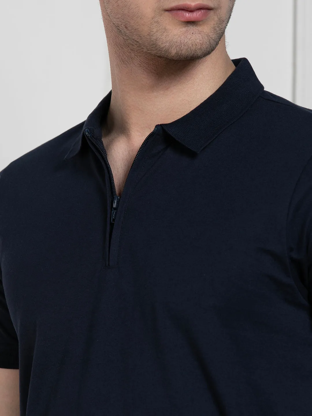 Men's Navy Polo Collar Solid Regular Fit T-Shirt