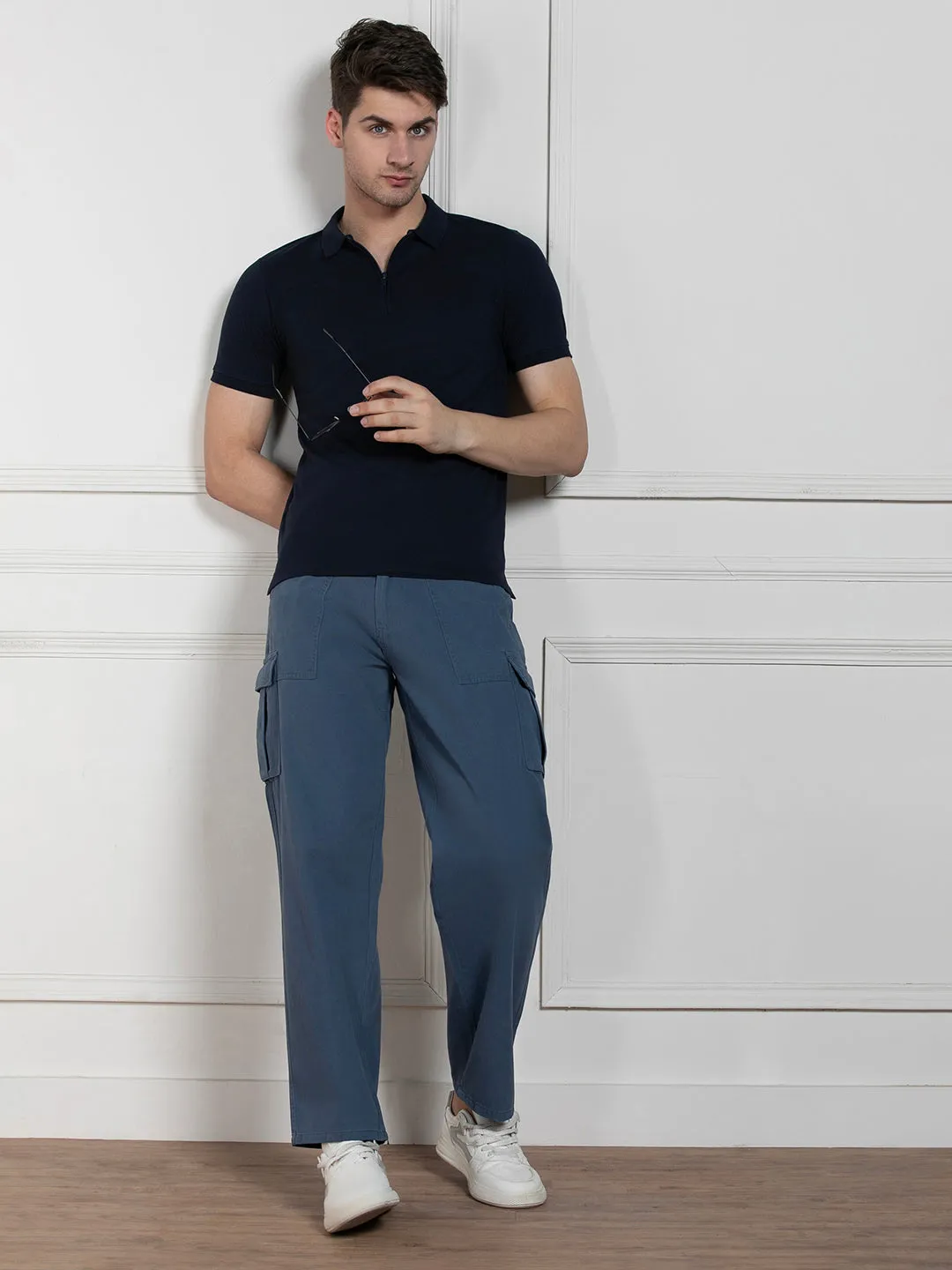 Men's Navy Polo Collar Solid Regular Fit T-Shirt