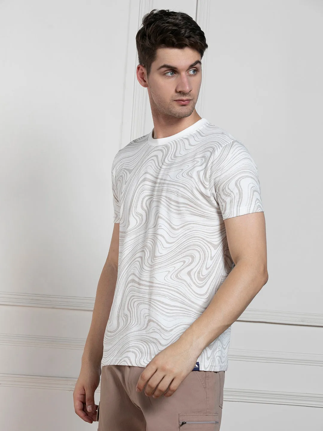 Men's Offwhite Round Neck Printed Regular Fit T-Shirt
