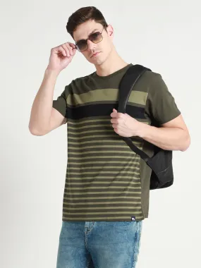 Men's Olive Striped Cotton Slim Fit T-shirt