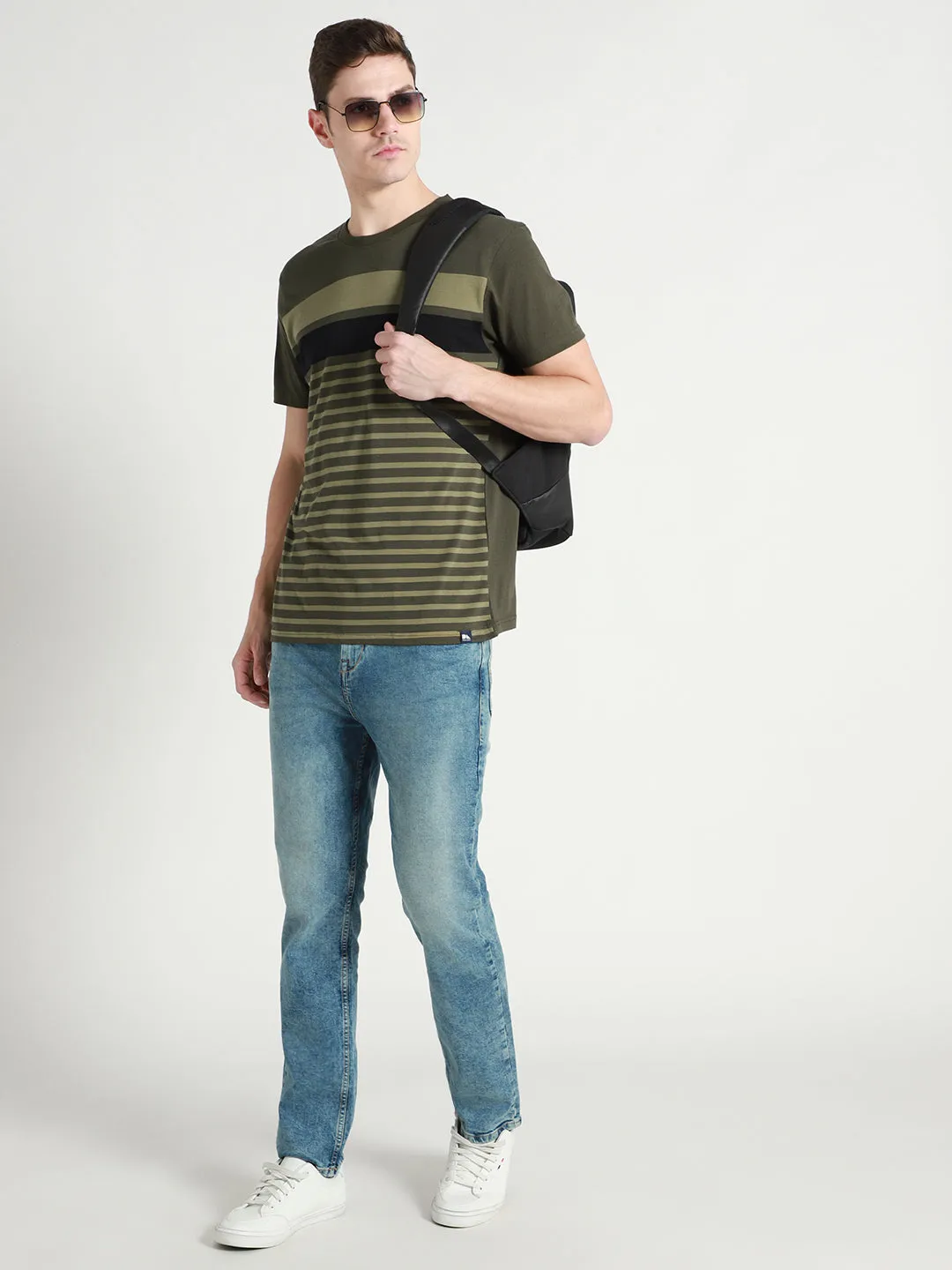 Men's Olive Striped Cotton Slim Fit T-shirt
