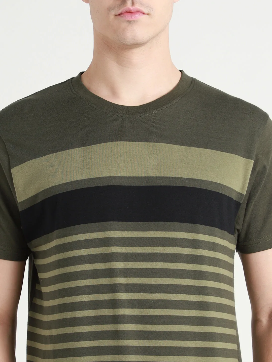 Men's Olive Striped Cotton Slim Fit T-shirt