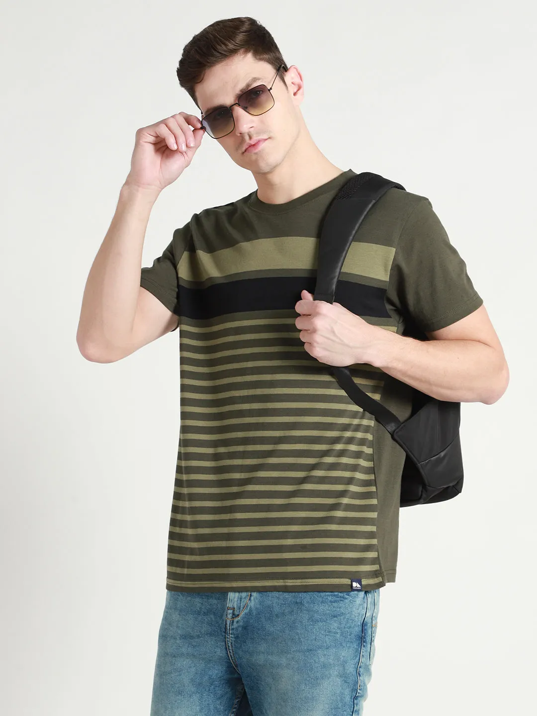 Men's Olive Striped Cotton Slim Fit T-shirt