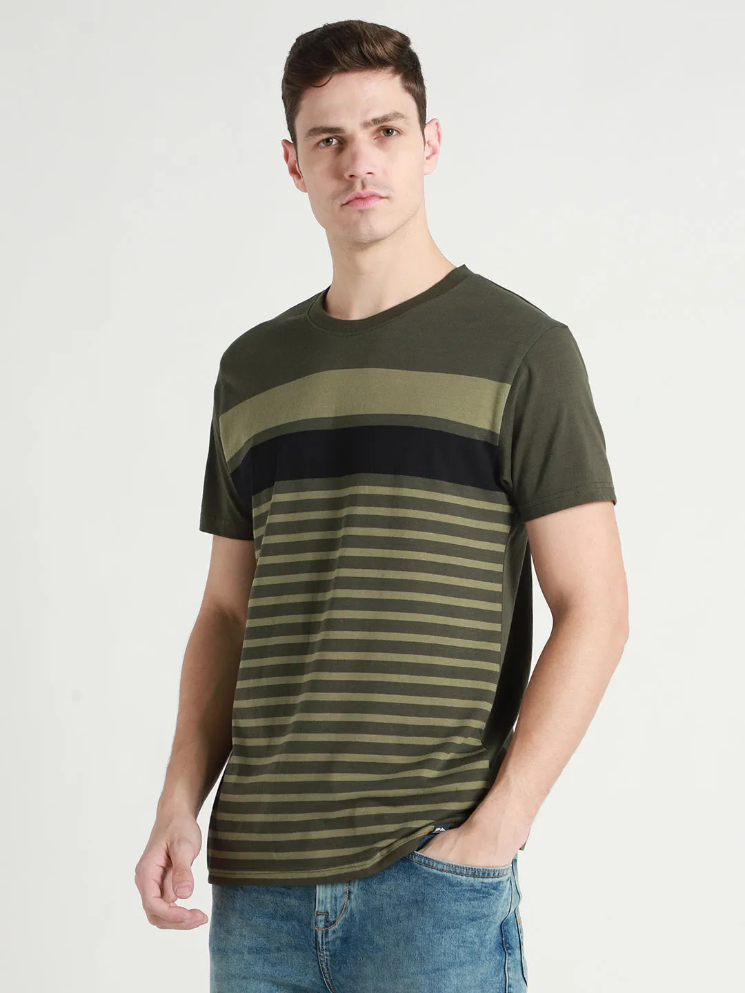 Men's Olive Striped Cotton Slim Fit T-shirt