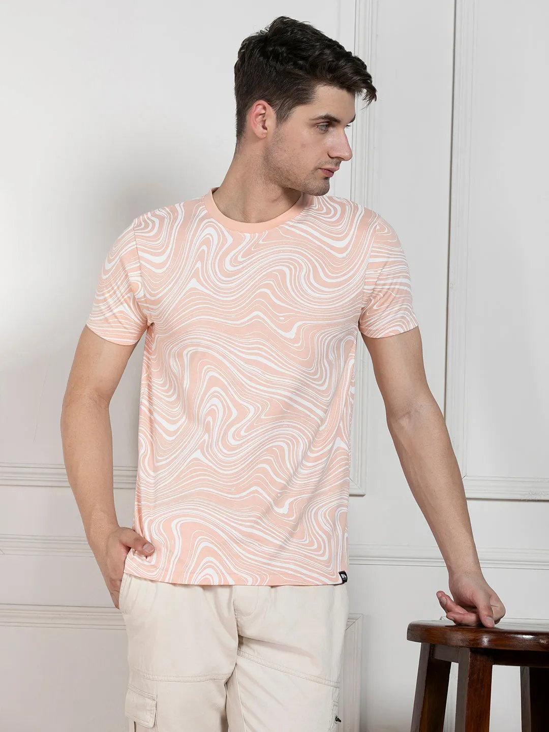 Men's Peach Round Neck Printed Regular Fit T-Shirt