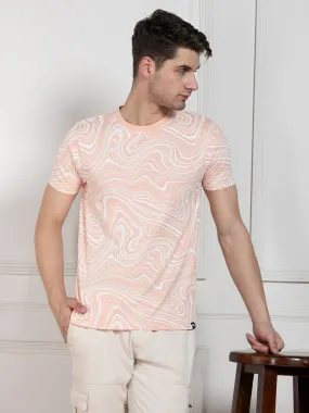 Men's Peach Round Neck Printed Regular Fit T-Shirt