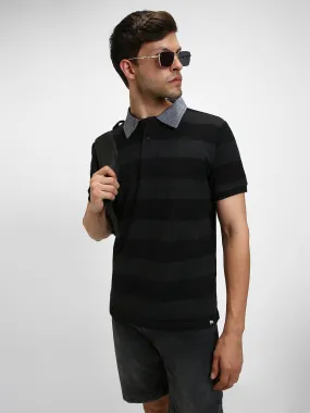 Men's Spread Collar Regular Fit Y/D Stripes Grey Polo T-Shirt