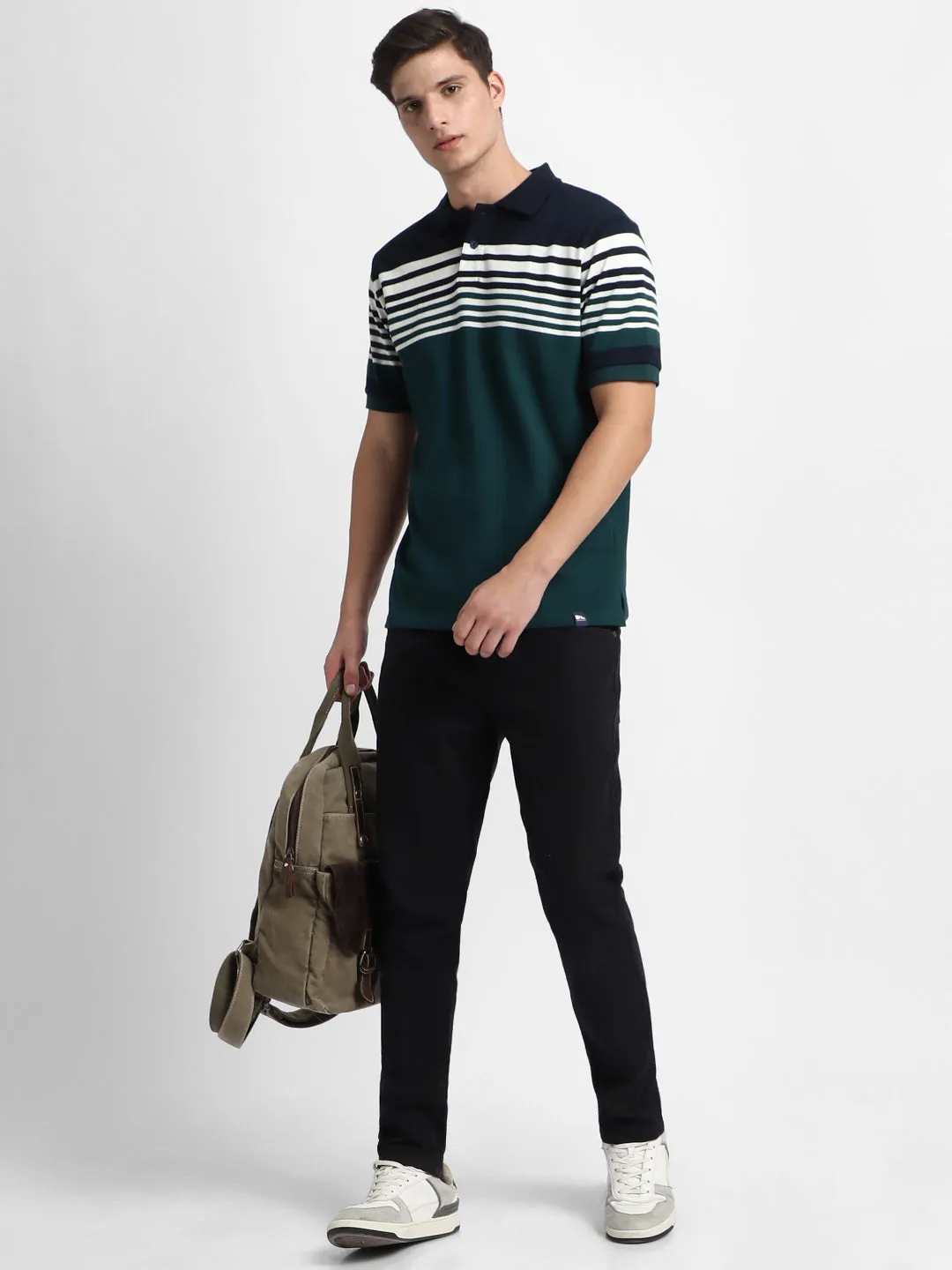 Men's Spread Collar Regular Fit Y/D Stripes Teal Polo T-Shirt
