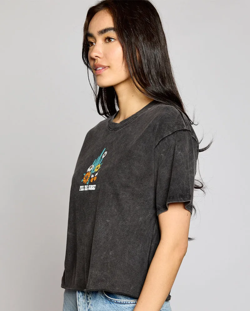 OG - Premium Quality 100% Cotton 'FEEL THE SUNSET CACTUS' Mineral Washed Short Sleeve Cropped Tee Raw Edge