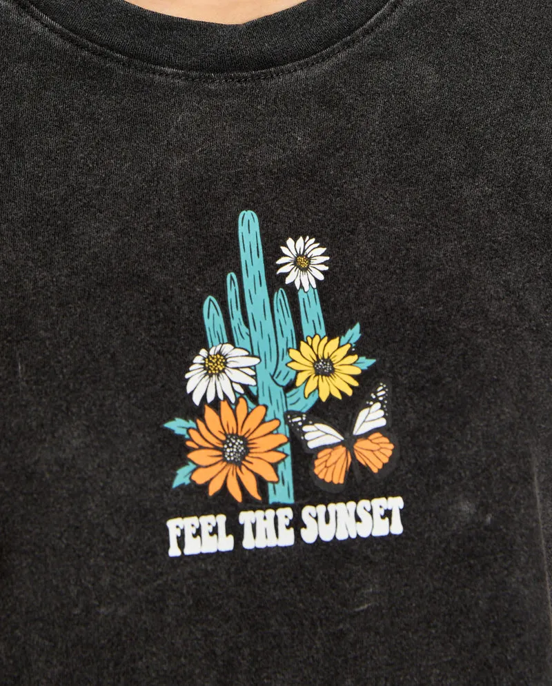 OG - Premium Quality 100% Cotton 'FEEL THE SUNSET CACTUS' Mineral Washed Short Sleeve Cropped Tee Raw Edge