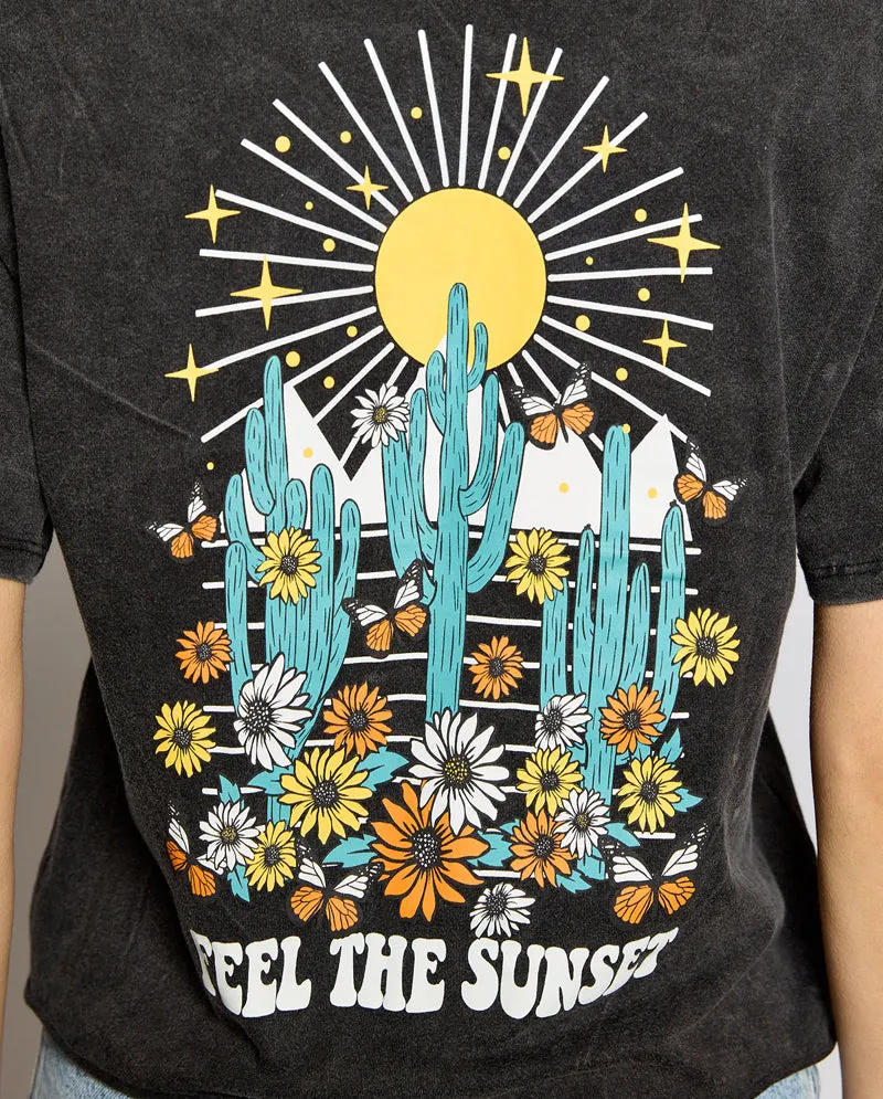 OG - Premium Quality 100% Cotton 'FEEL THE SUNSET CACTUS' Mineral Washed Short Sleeve Cropped Tee Raw Edge