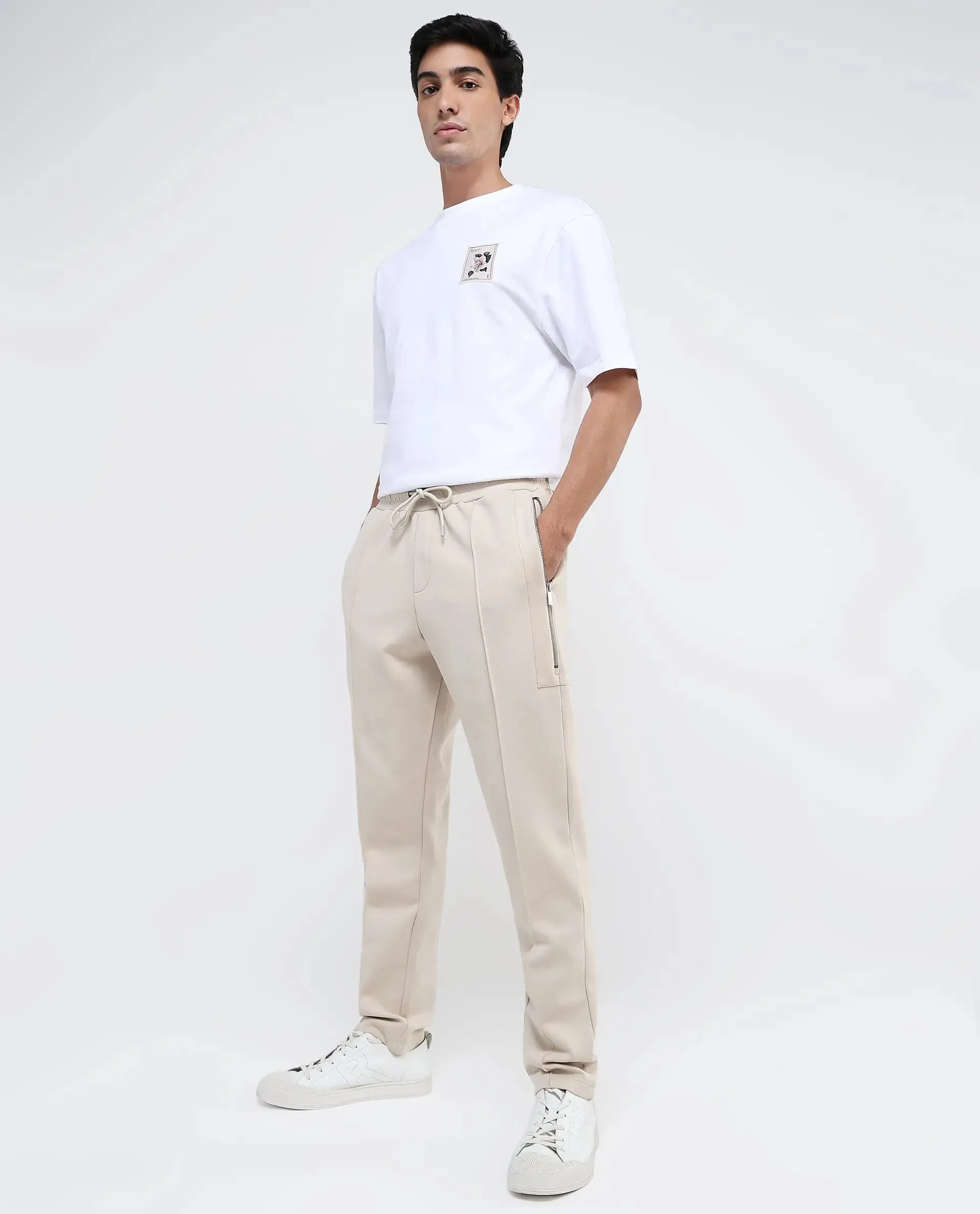 Rare Rabbit Men Scot Light Beige Full Sleeve Drawstring Closure Slim Fit Plain Track Pant