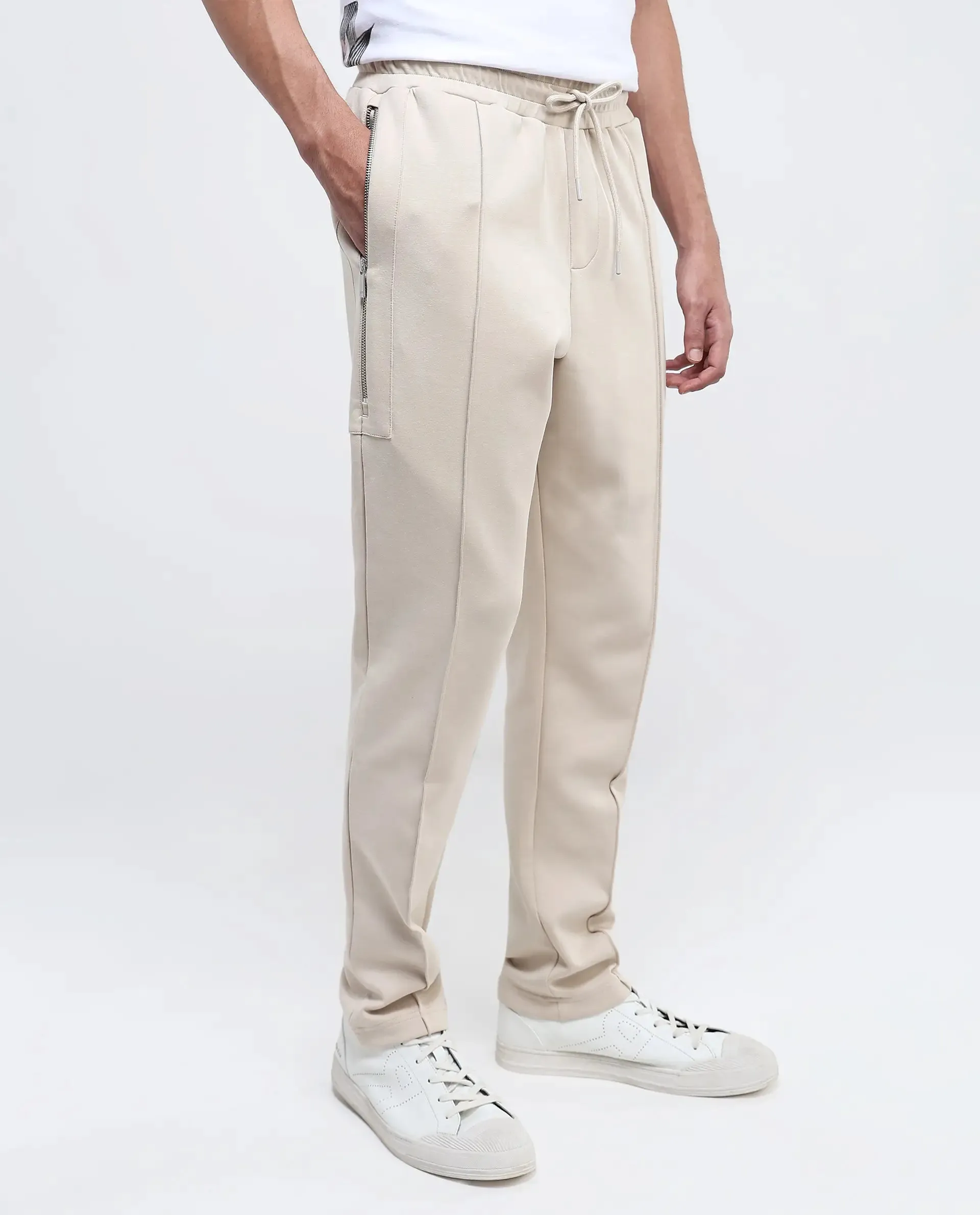Rare Rabbit Men Scot Light Beige Full Sleeve Drawstring Closure Slim Fit Plain Track Pant