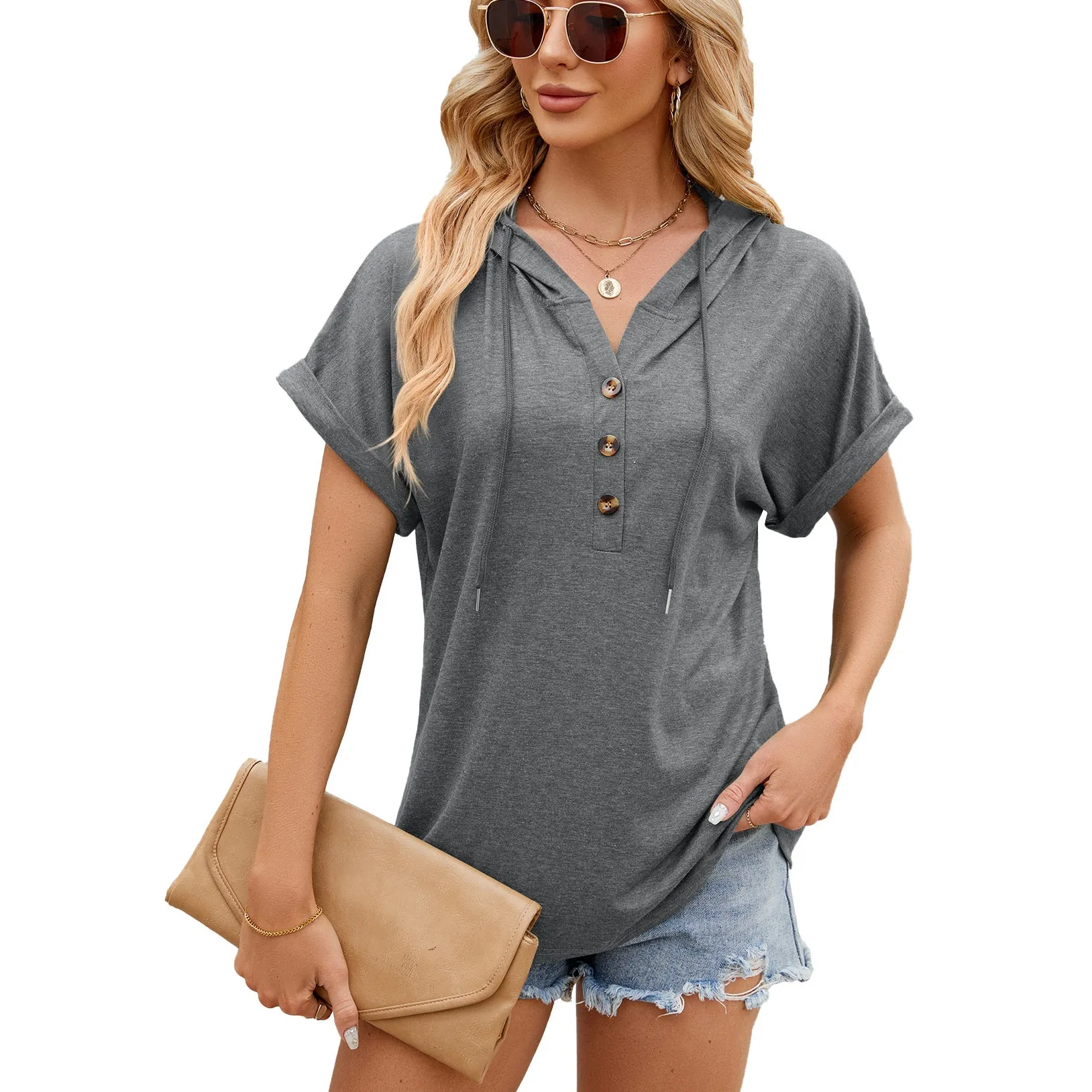 Spring and Summer Solid Color Hooded Button Loose Short Sleeve T-Shirt Top Women