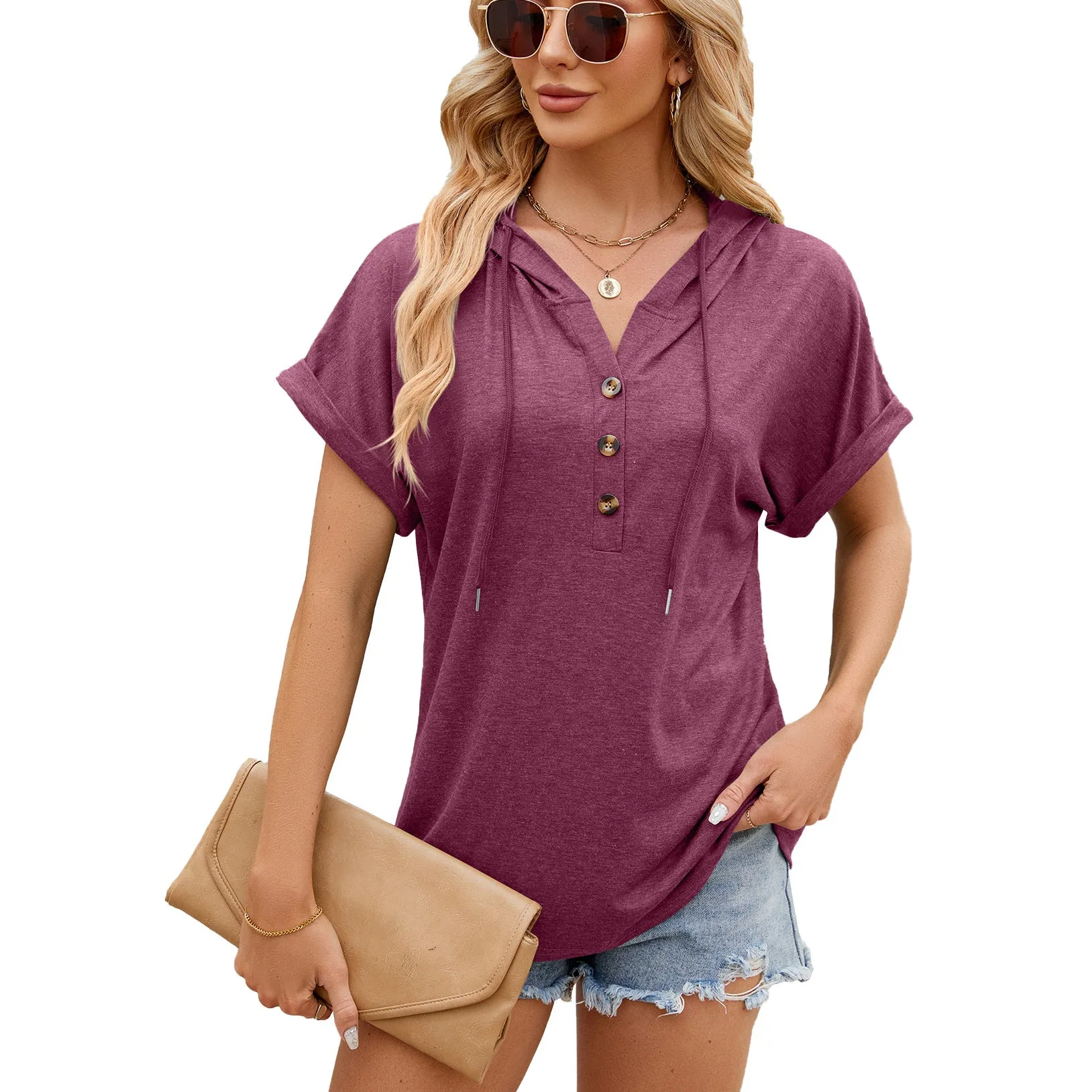 Spring and Summer Solid Color Hooded Button Loose Short Sleeve T-Shirt Top Women