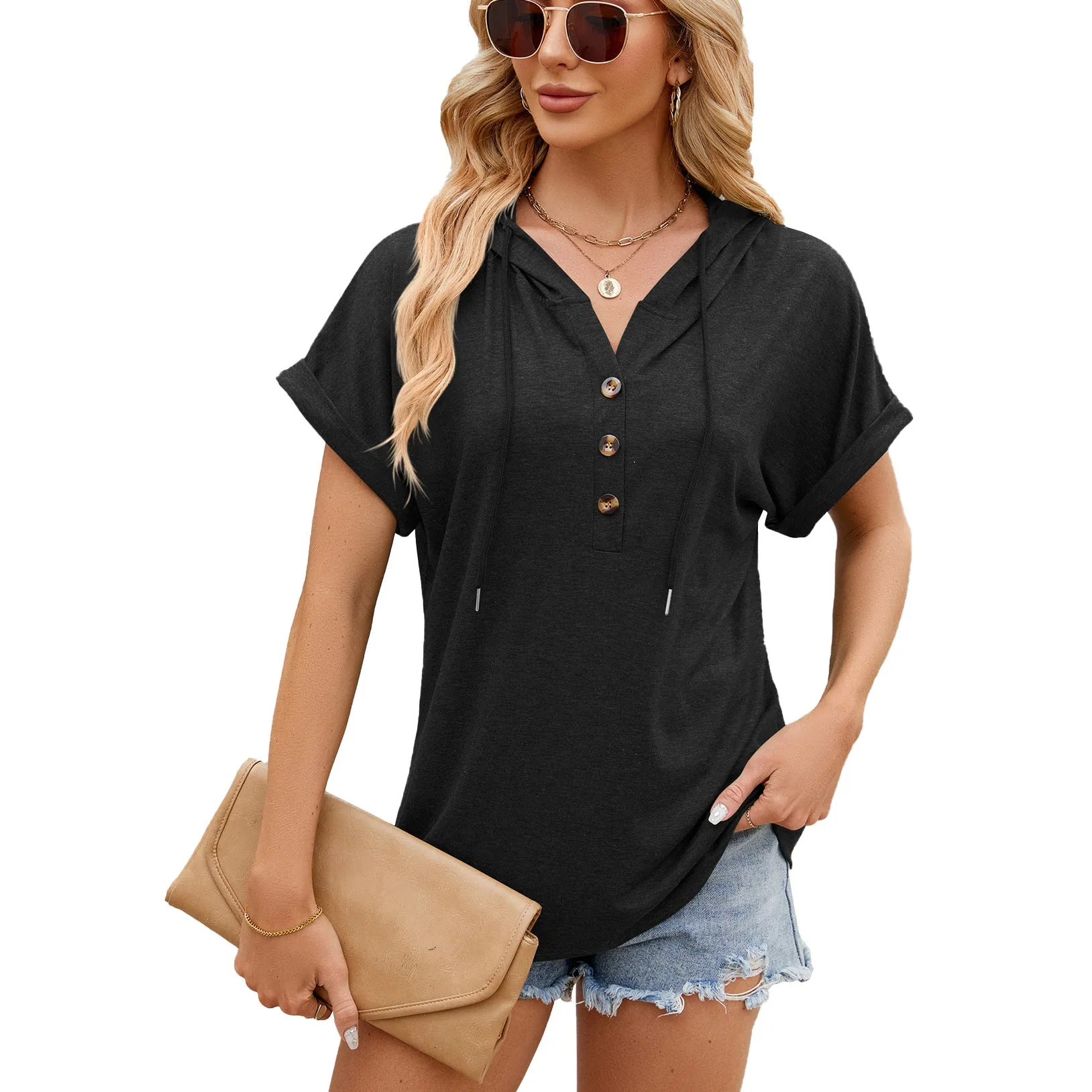 Spring and Summer Solid Color Hooded Button Loose Short Sleeve T-Shirt Top Women