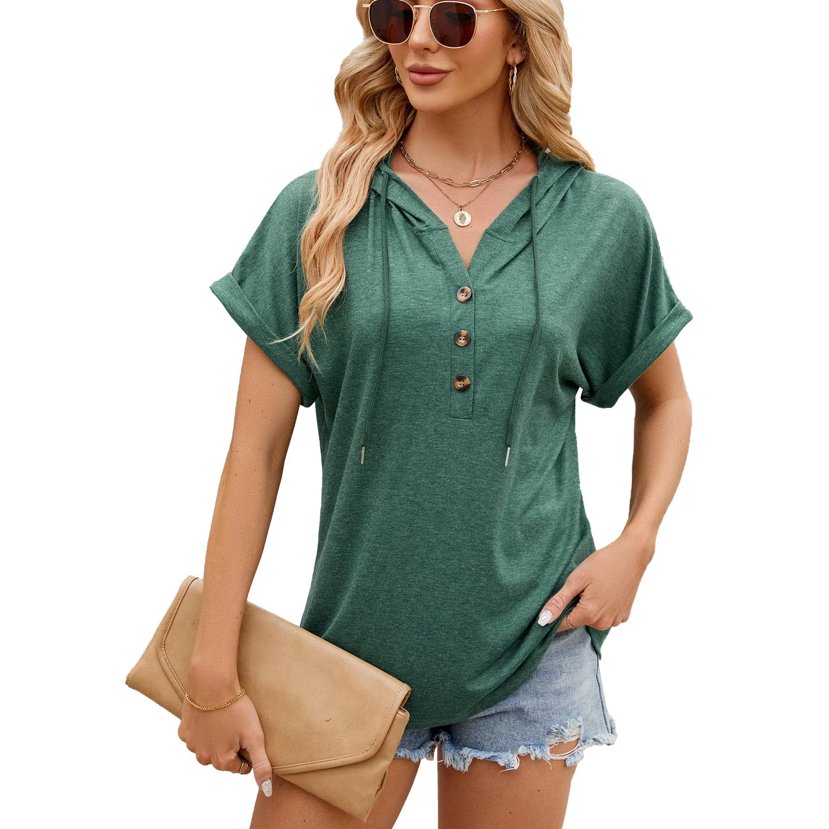 Spring and Summer Solid Color Hooded Button Loose Short Sleeve T-Shirt Top Women