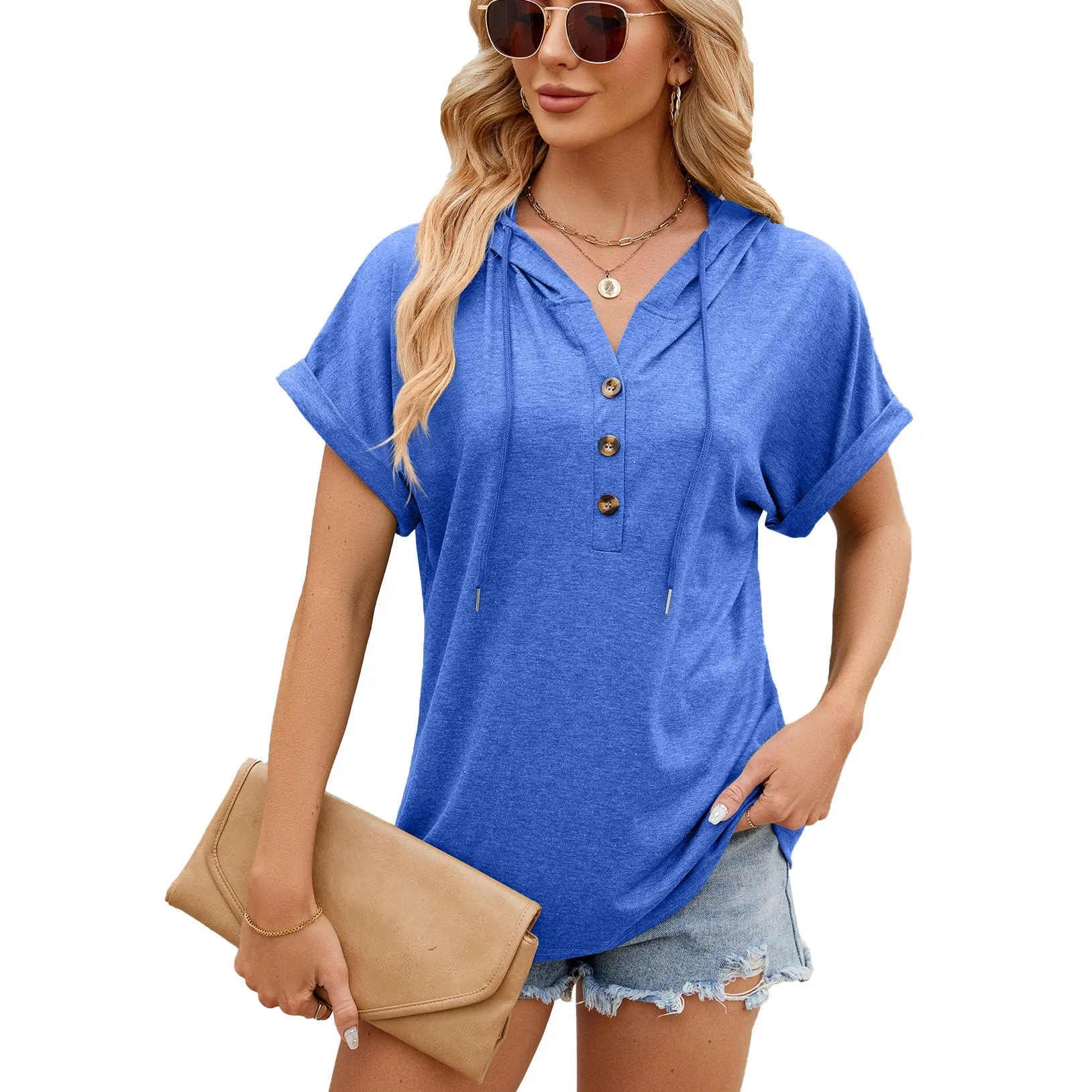 Spring and Summer Solid Color Hooded Button Loose Short Sleeve T-Shirt Top Women