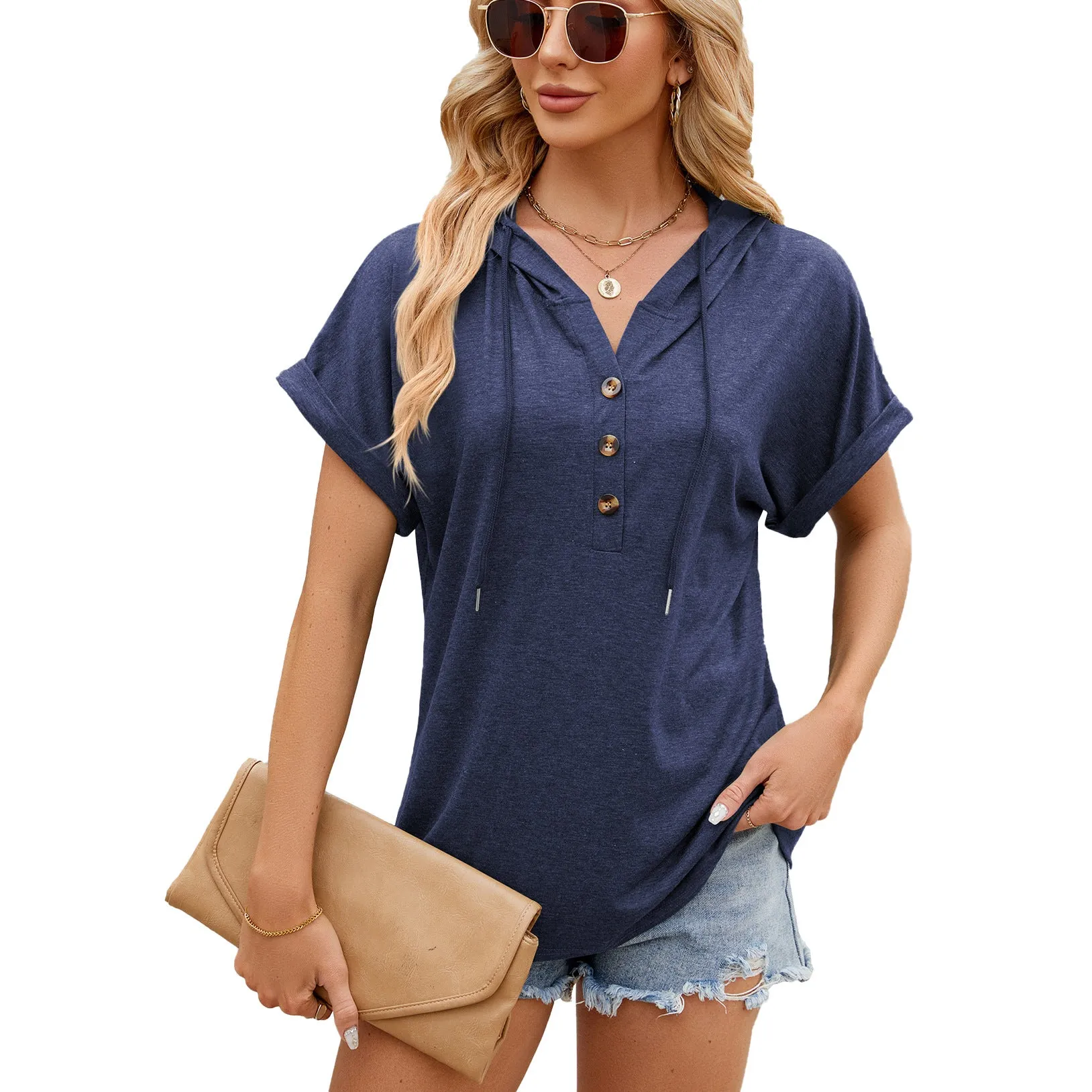 Spring and Summer Solid Color Hooded Button Loose Short Sleeve T-Shirt Top Women