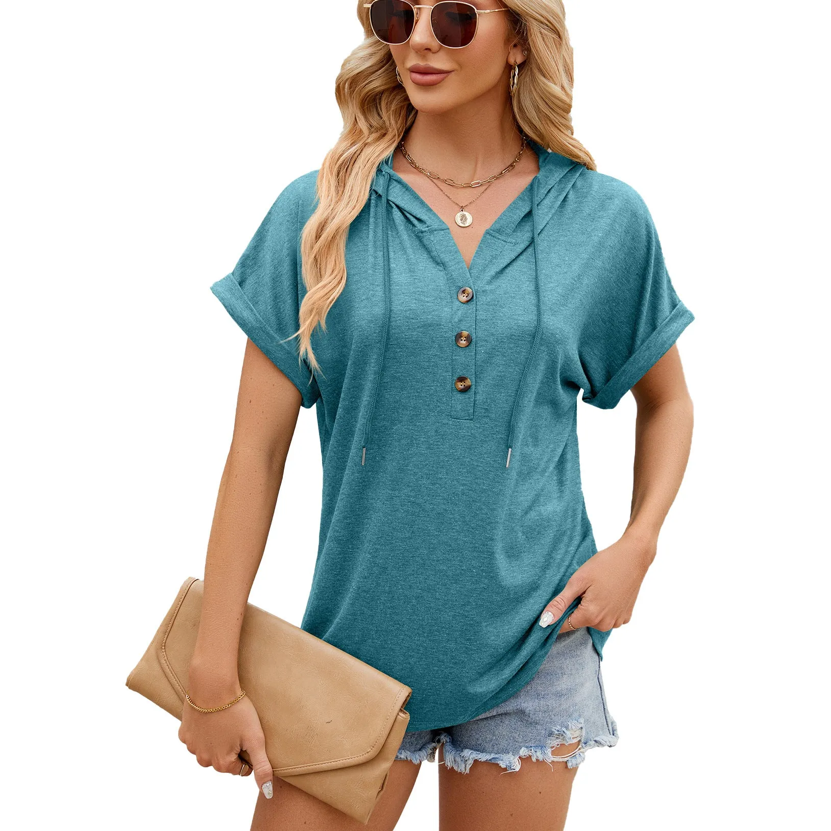 Spring and Summer Solid Color Hooded Button Loose Short Sleeve T-Shirt Top Women