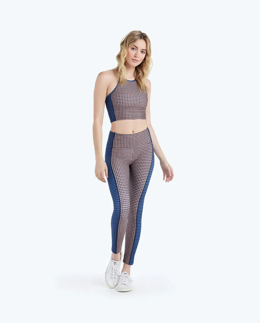 The High Neck Midi Sports Bra Tank - Gingham in Blue Mountain & Toffee