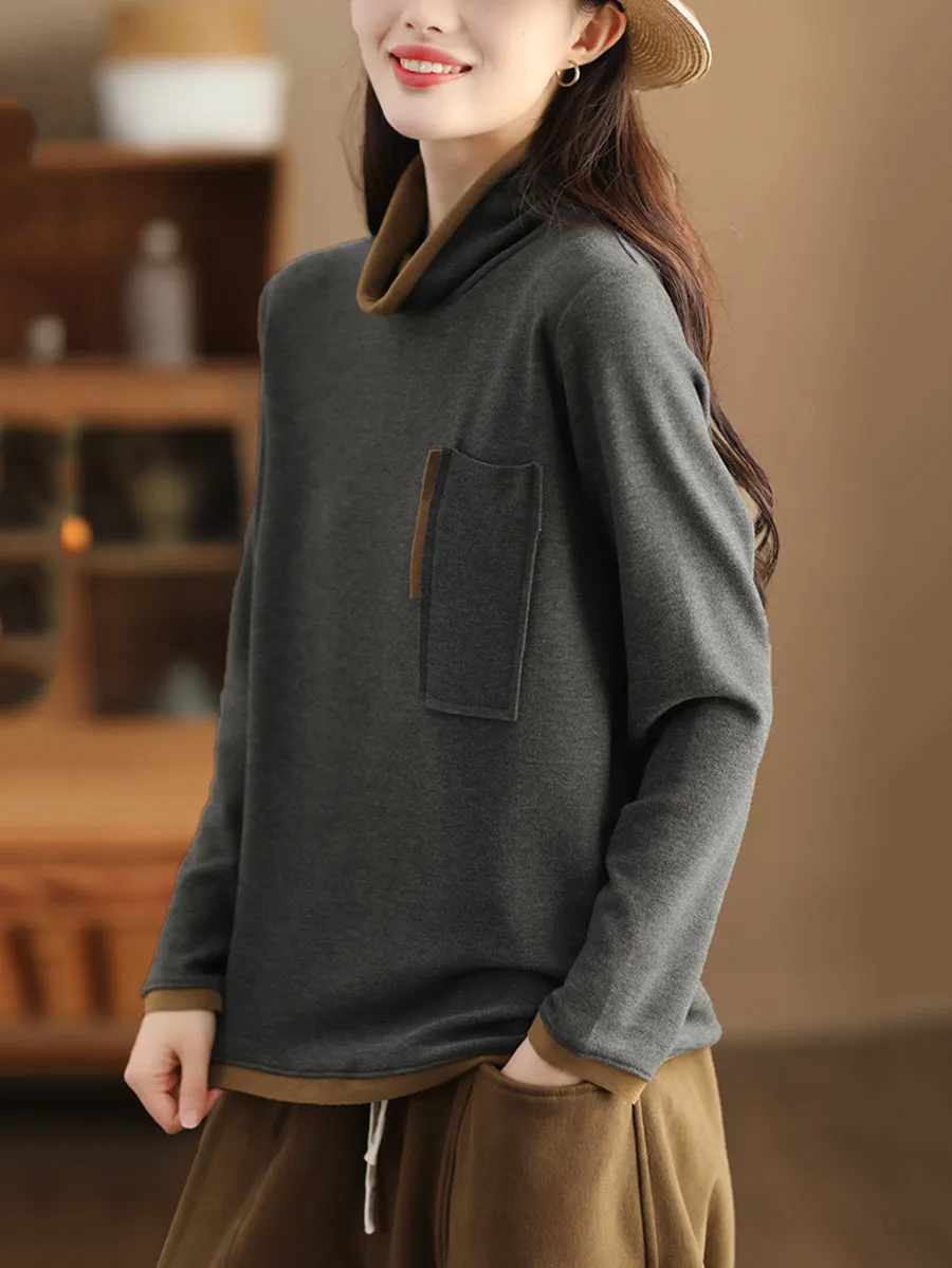 Women Fashion Turtleneck Spliced Warm Bottom Shirt