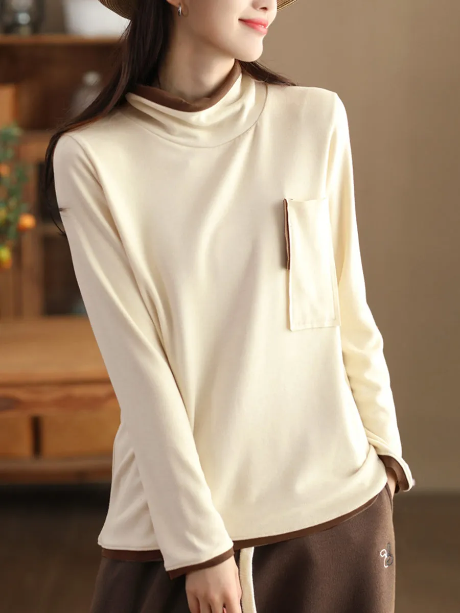 Women Fashion Turtleneck Spliced Warm Bottom Shirt