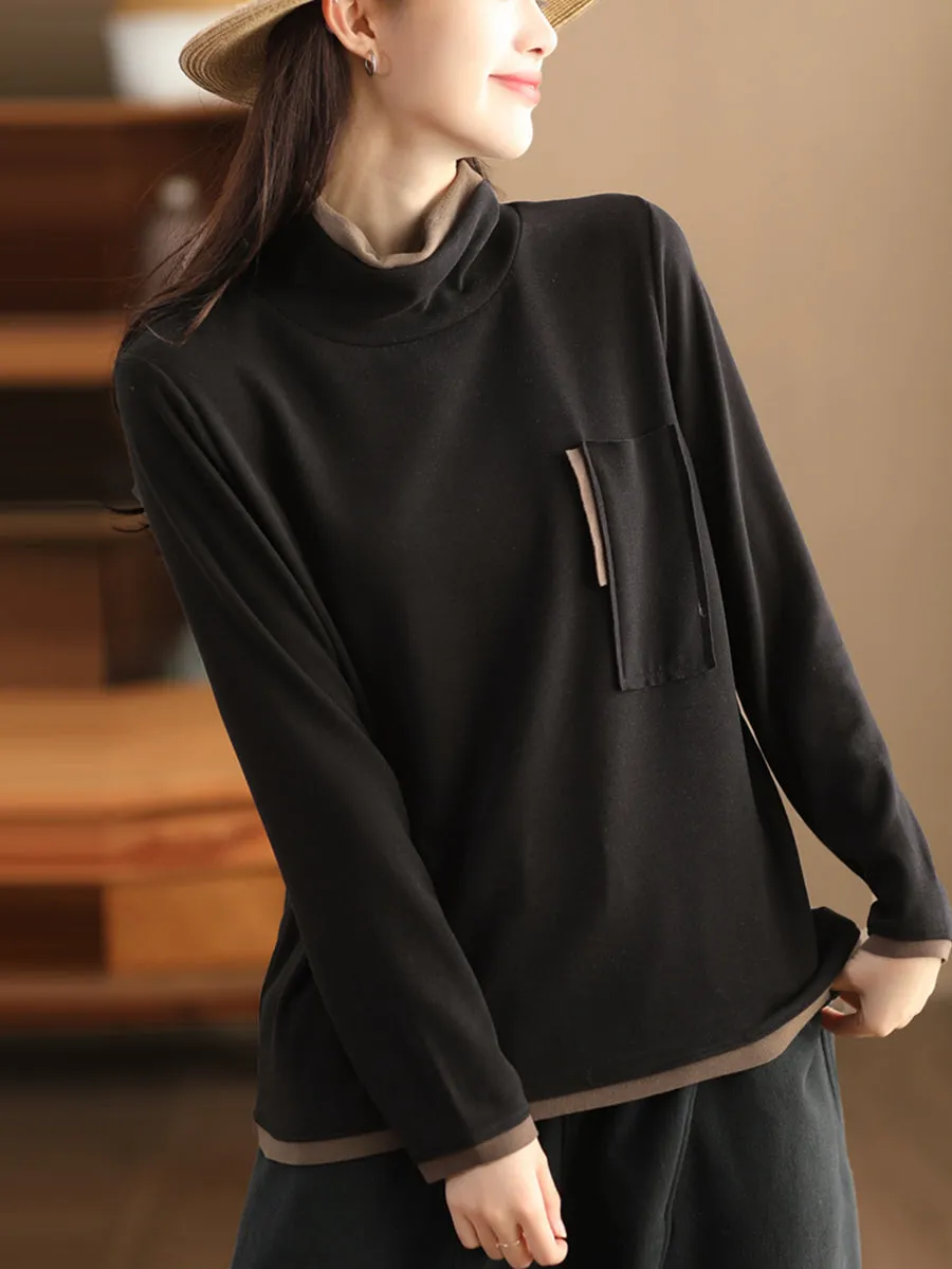 Women Fashion Turtleneck Spliced Warm Bottom Shirt