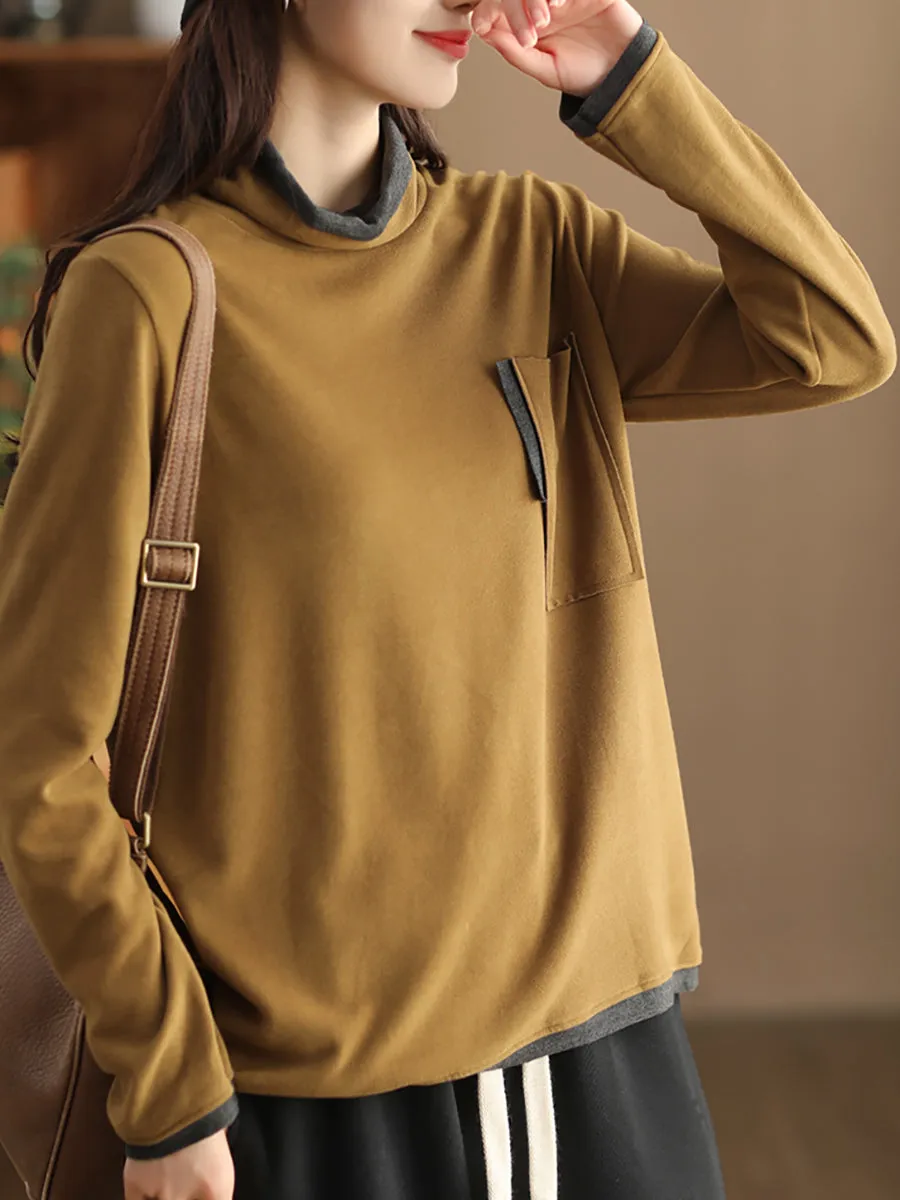 Women Fashion Turtleneck Spliced Warm Bottom Shirt