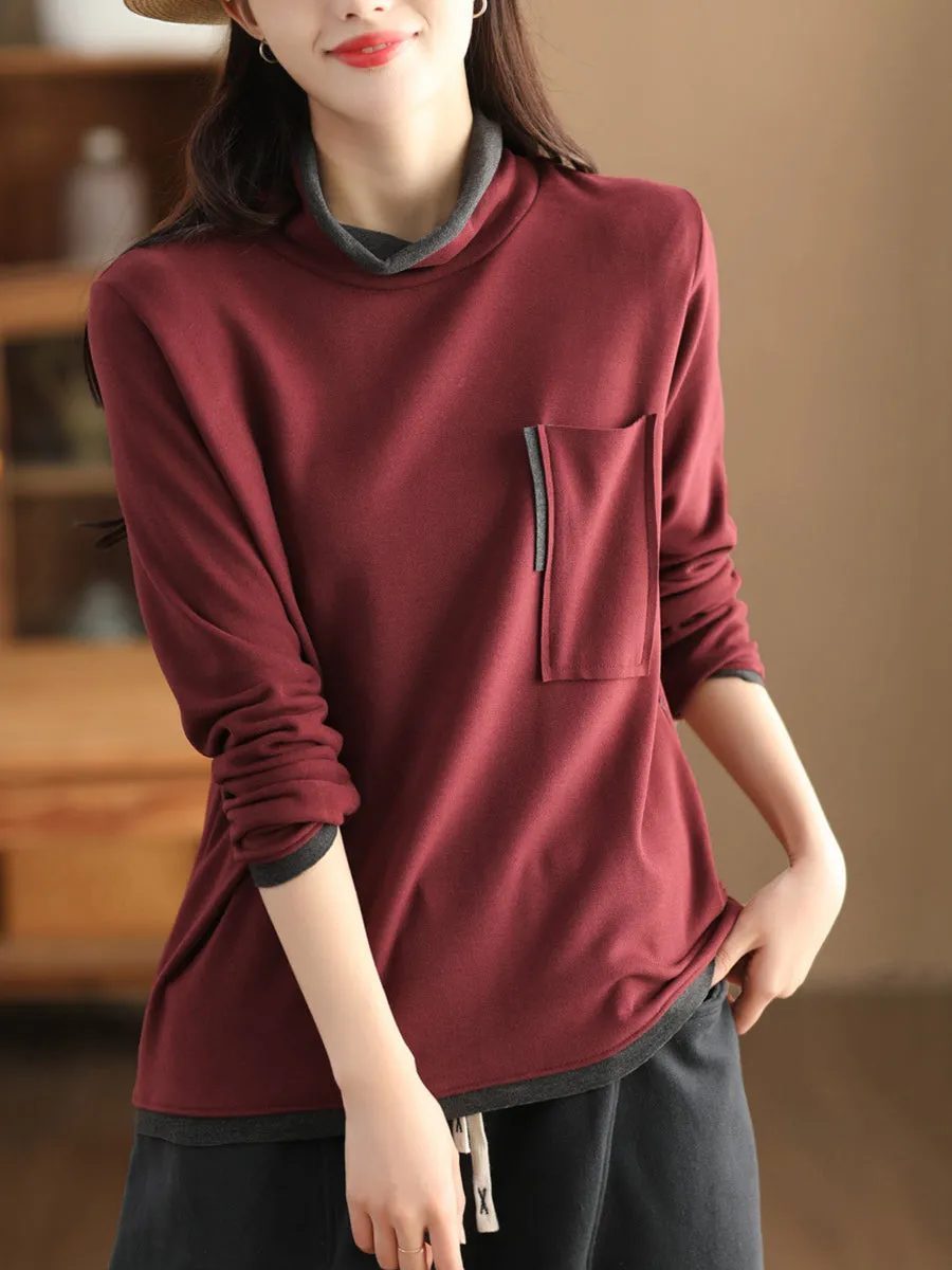 Women Fashion Turtleneck Spliced Warm Bottom Shirt