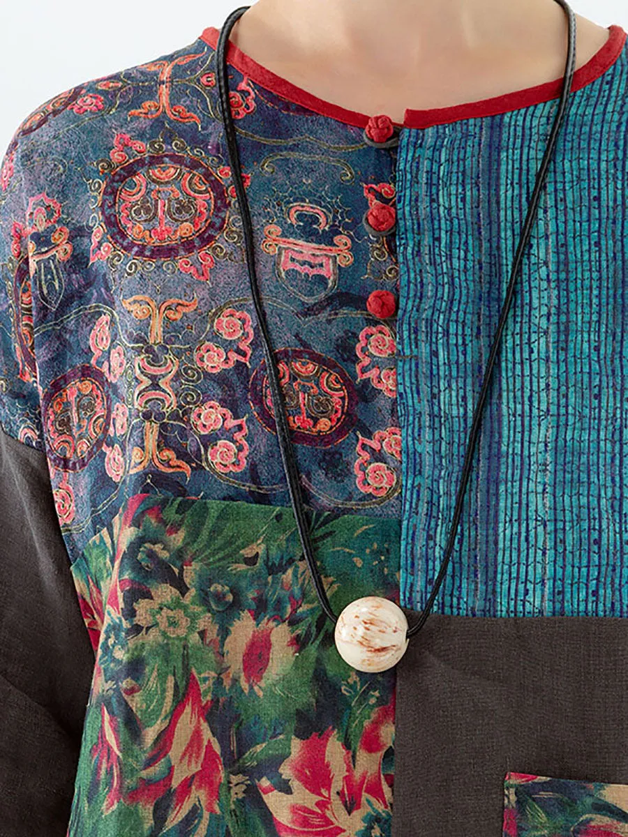 Women Flower Color Contrast 100% Linen Blouse Shirt