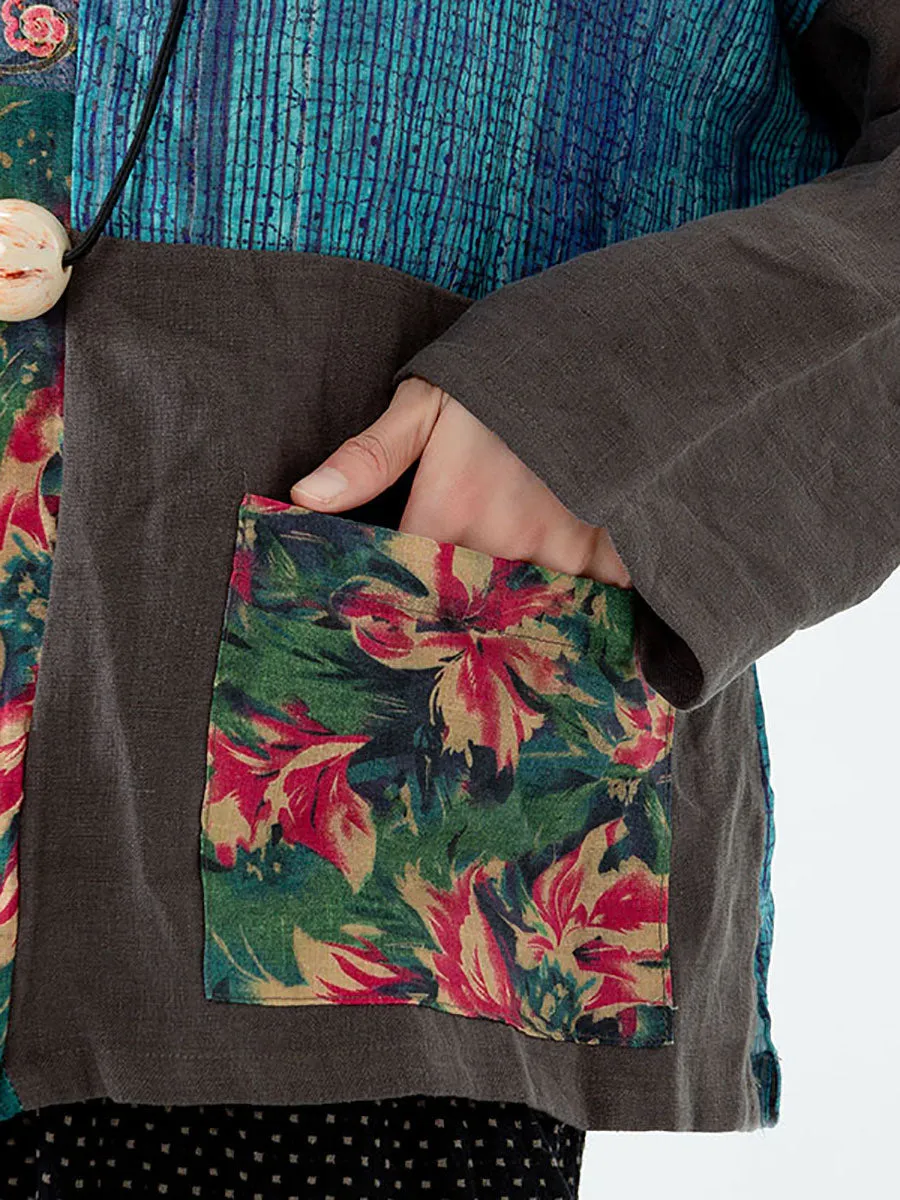 Women Flower Color Contrast 100% Linen Blouse Shirt