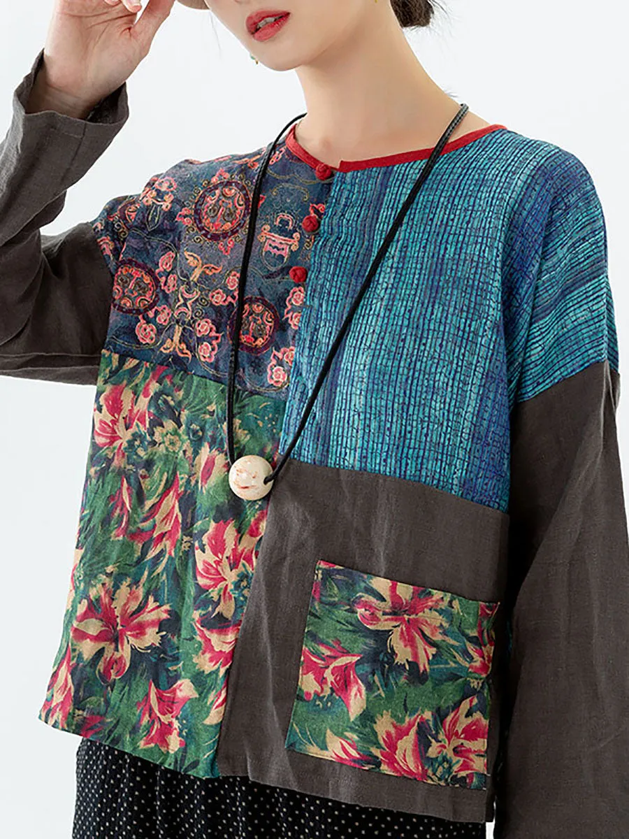 Women Flower Color Contrast 100% Linen Blouse Shirt