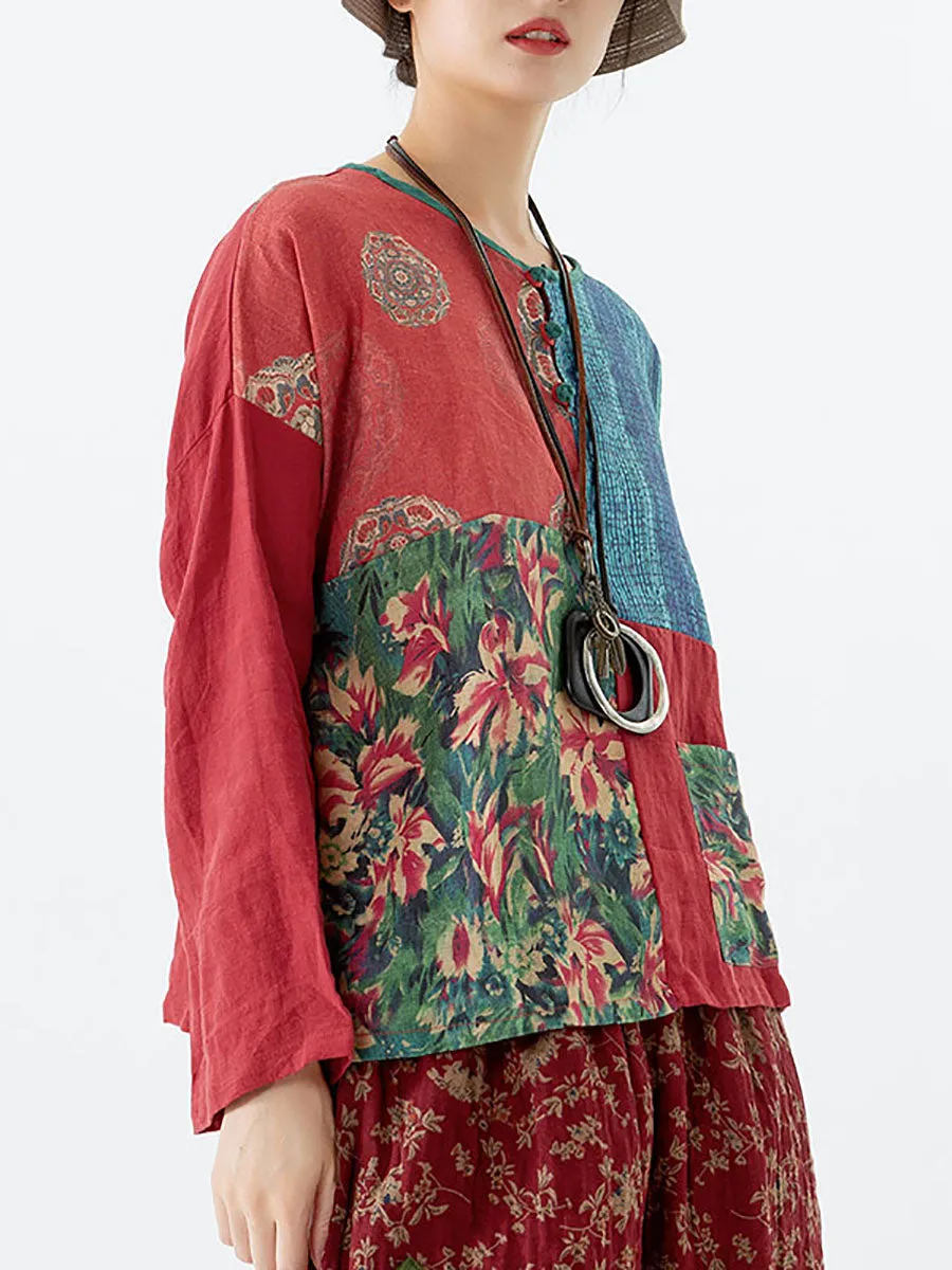 Women Flower Color Contrast 100% Linen Blouse Shirt
