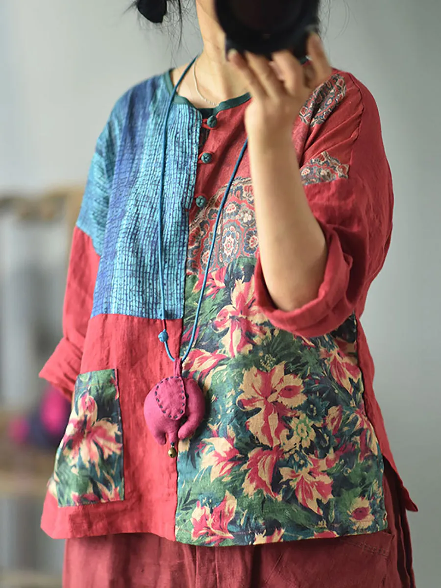 Women Flower Color Contrast 100% Linen Blouse Shirt