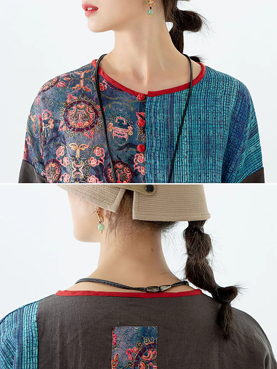 Women Flower Color Contrast 100% Linen Blouse Shirt