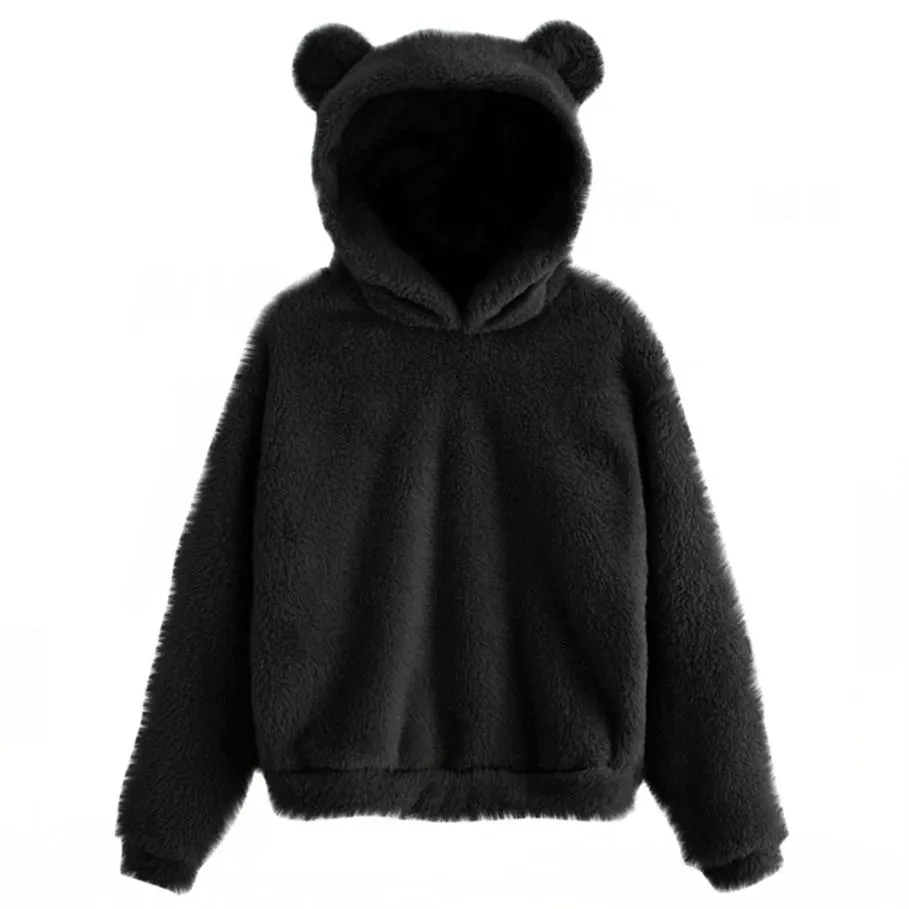 Women pullover fleece cropped rabbit ear hoodie sweatshirt