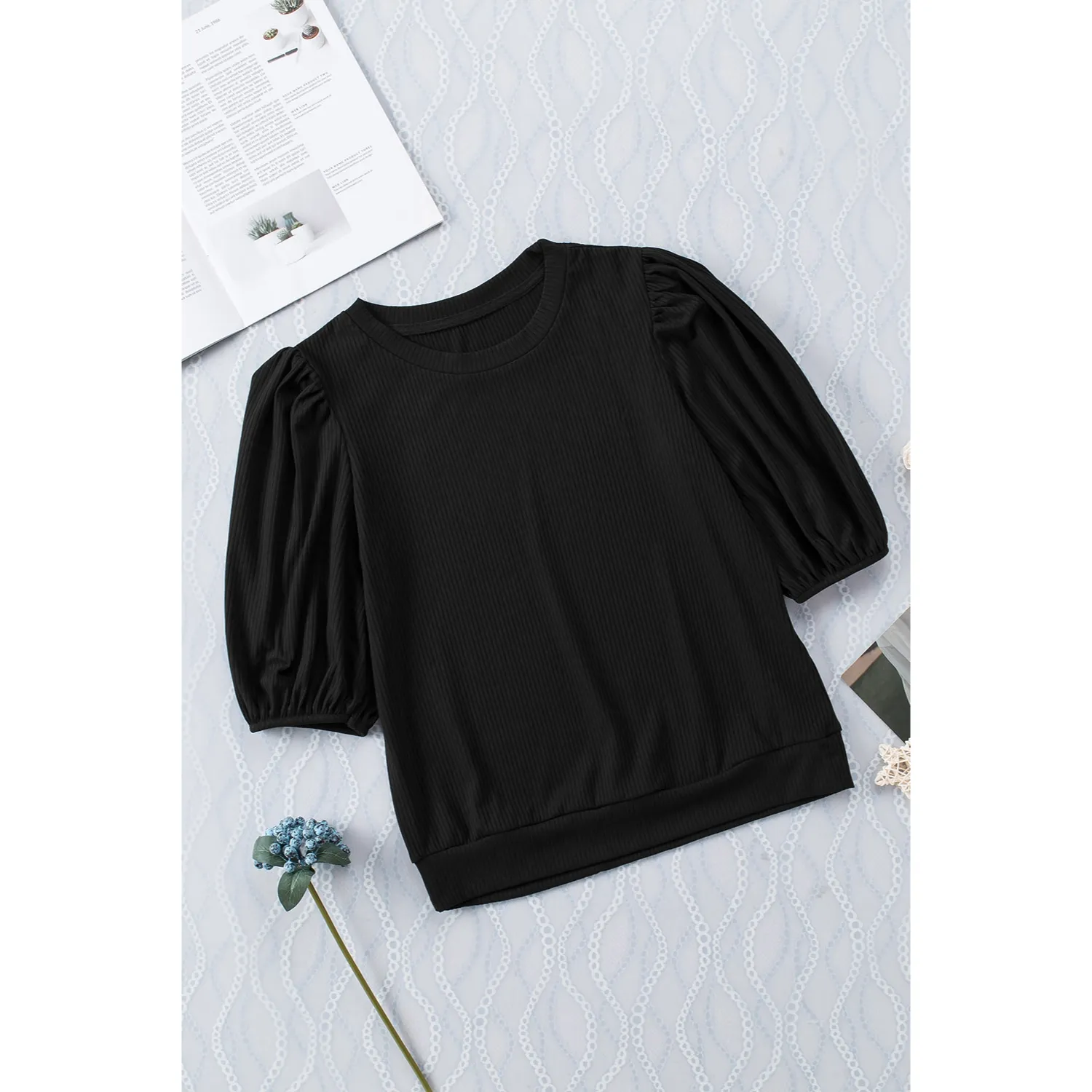 Women's Trendy Puff-Sleeve Top - Soft & Breathable Slim Fit-Black
