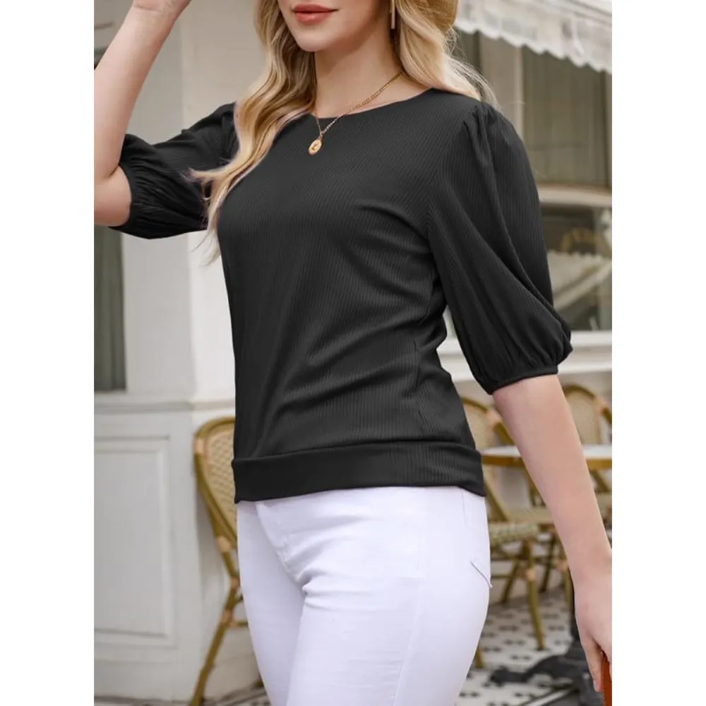 Women's Trendy Puff-Sleeve Top - Soft & Breathable Slim Fit-Black