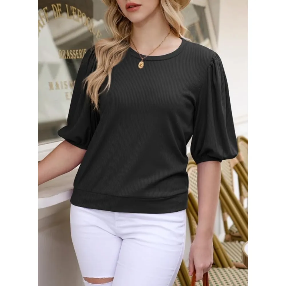 Women's Trendy Puff-Sleeve Top - Soft & Breathable Slim Fit-Black