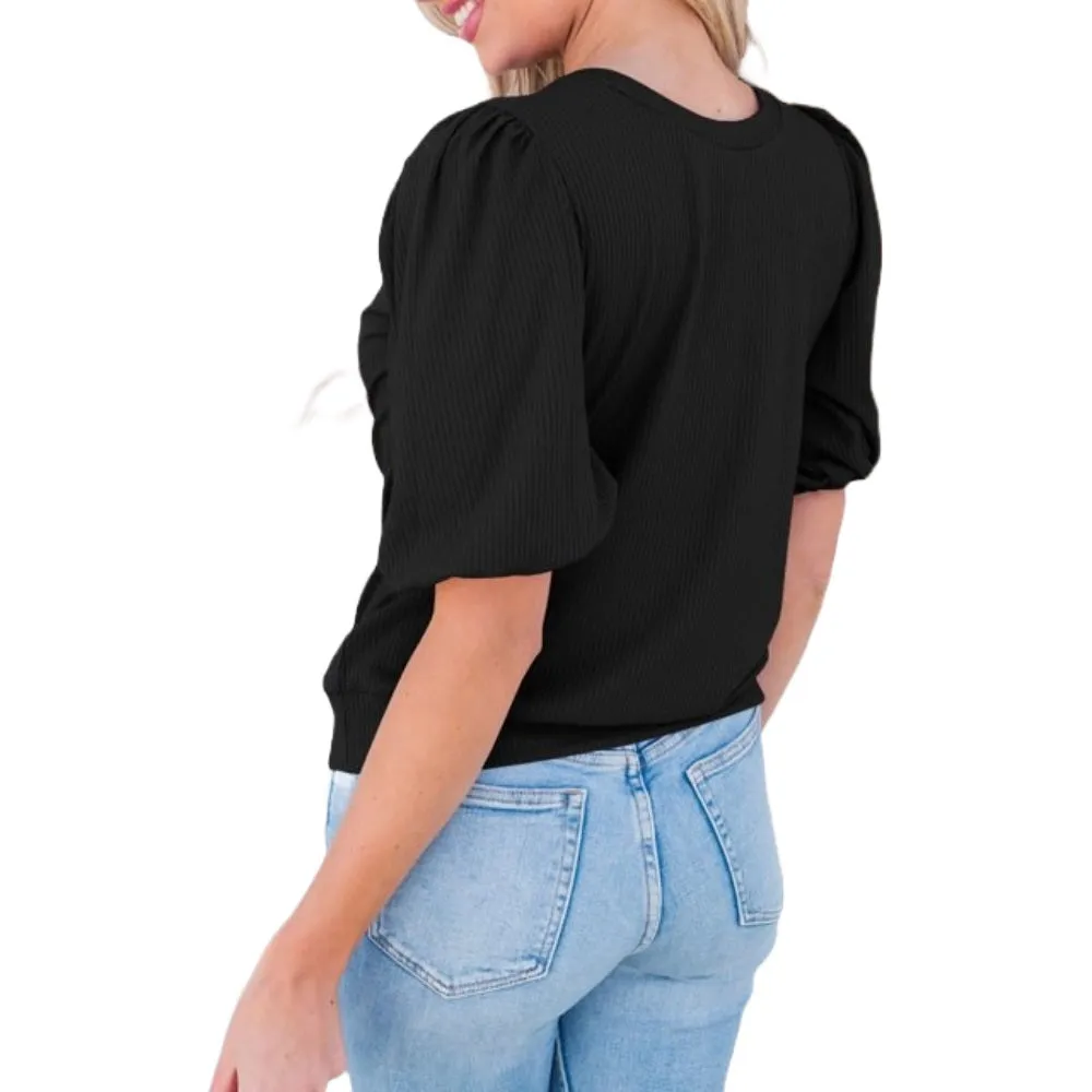 Women's Trendy Puff-Sleeve Top - Soft & Breathable Slim Fit-Black