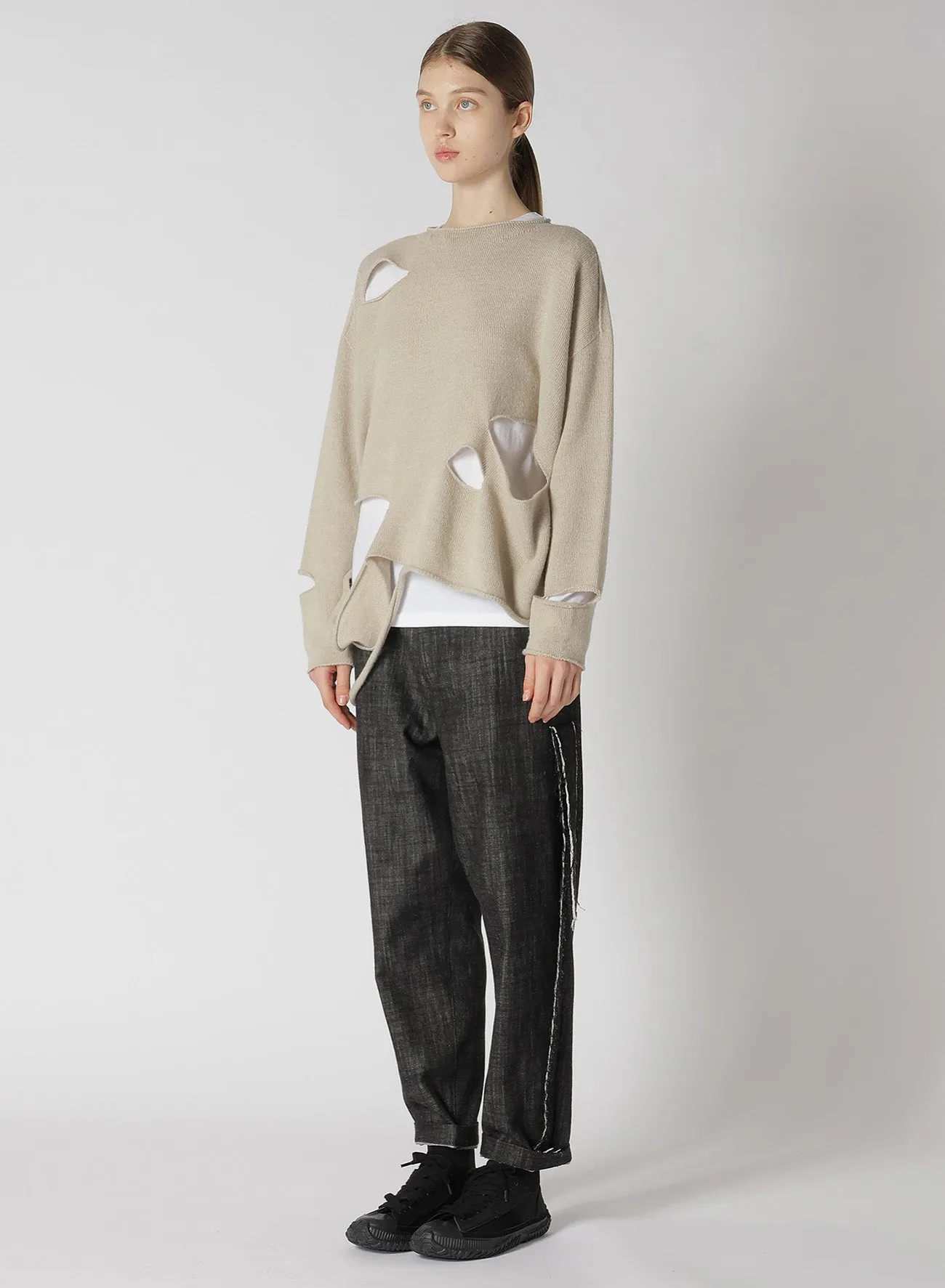 WOOL BLEND JERSEY ROUND NECK HOLED PULLOVER