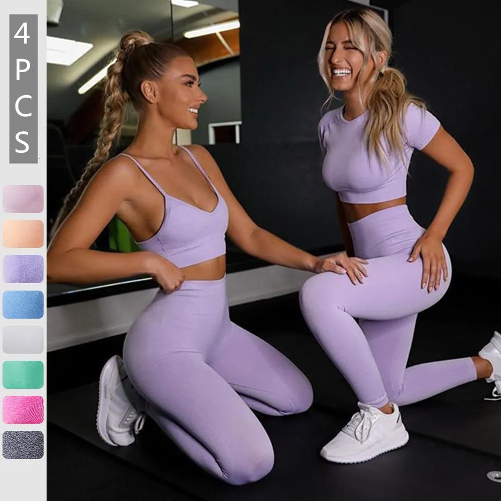 Yoga Gym Set Tops T-shirt Bra Legging Sport Set For Women